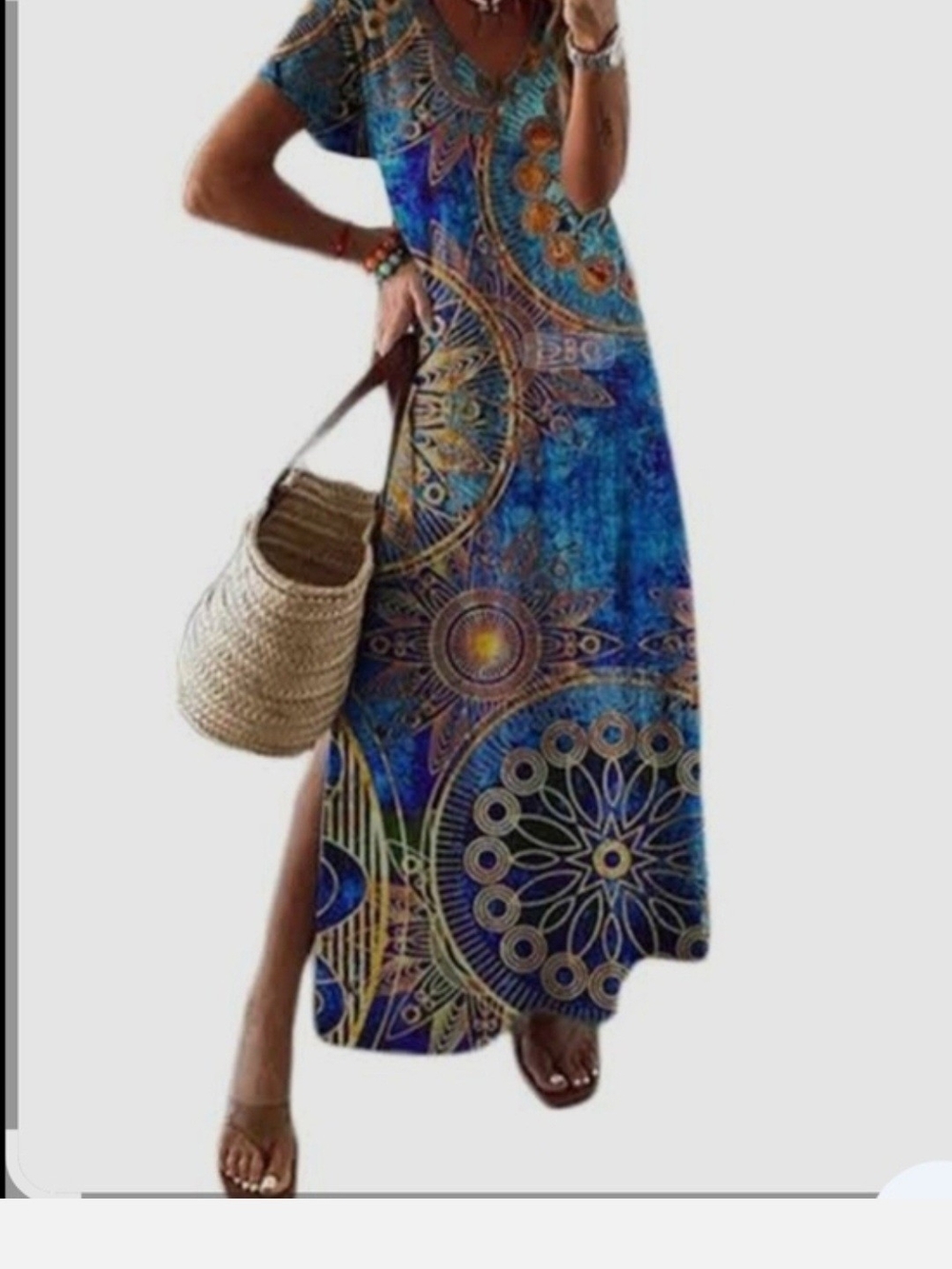 Bohemian Print Maxi Dress with Short Sleeves